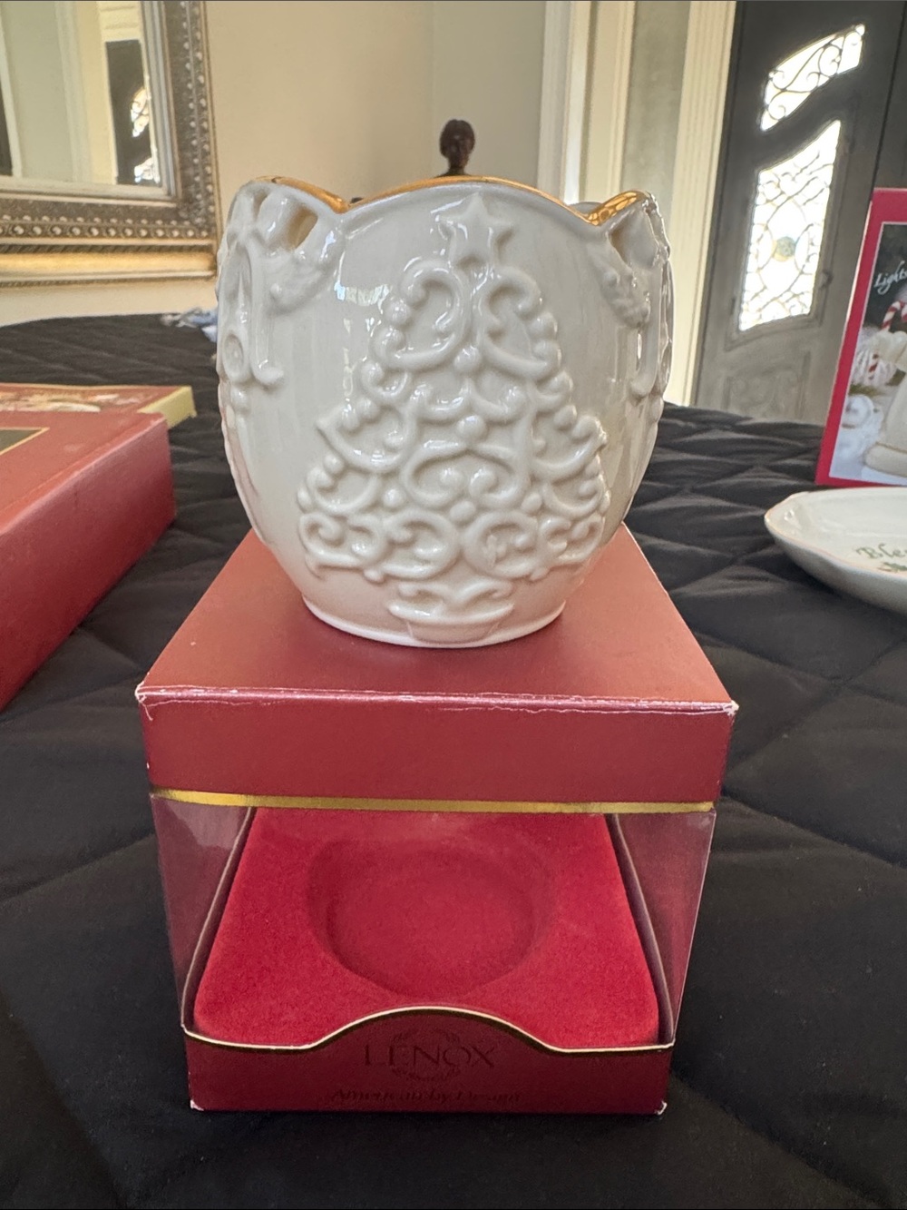 Lenox White Porcelain Votive with a Christmas Tree in Raised Scroll Motif